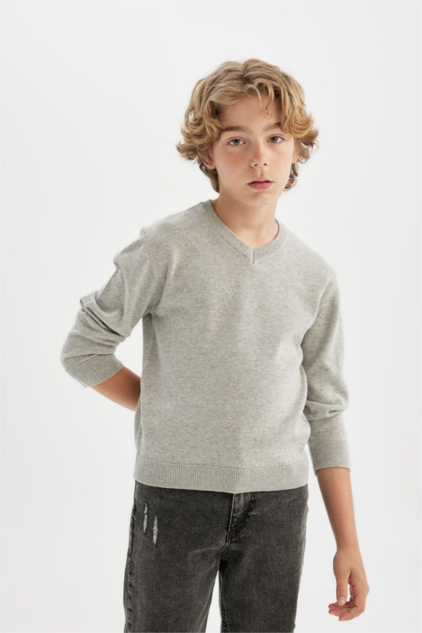BOYS & TEENS Grey Melange Boy Regular Fit V-Neck Pullover