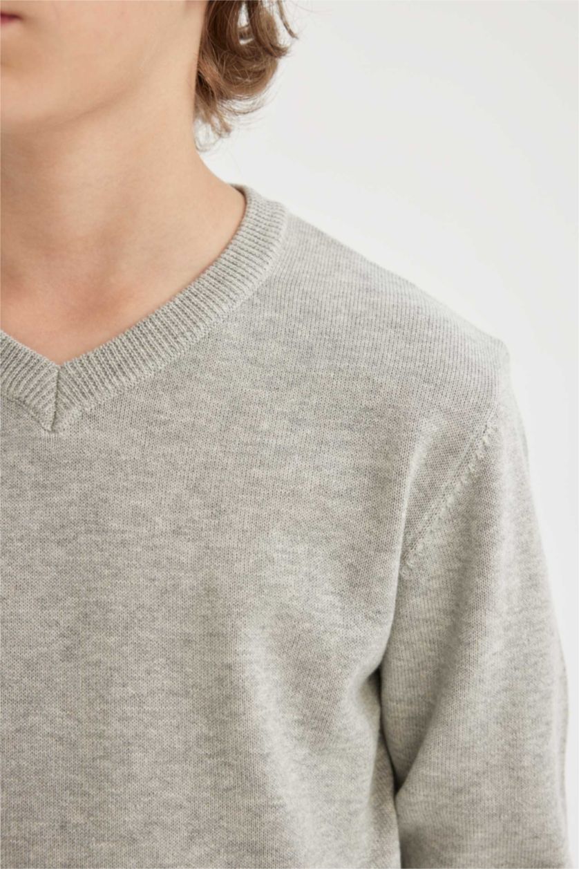 BOYS & TEENS Grey Melange Boy Regular Fit V-Neck Pullover