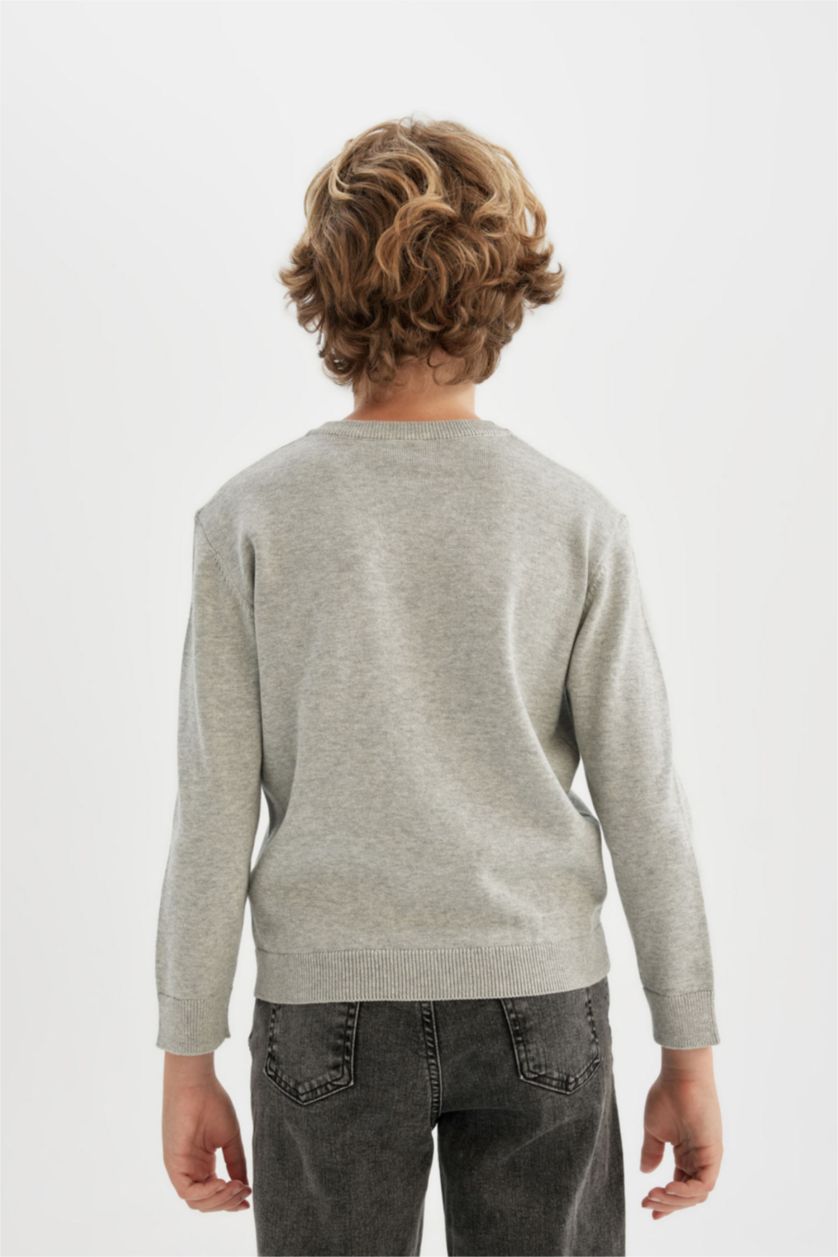 BOYS & TEENS Grey Melange Boy Regular Fit V-Neck Pullover