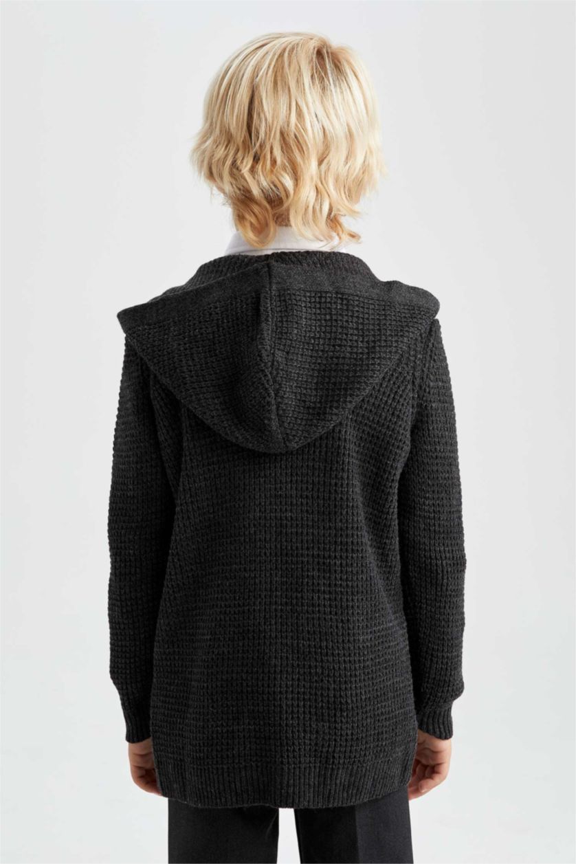 Erkek Çocuk - Genç Erkek Antrasit Melanj Erkek Çocuk Antrasit Kapüşonlu Triko Okul Hırkası