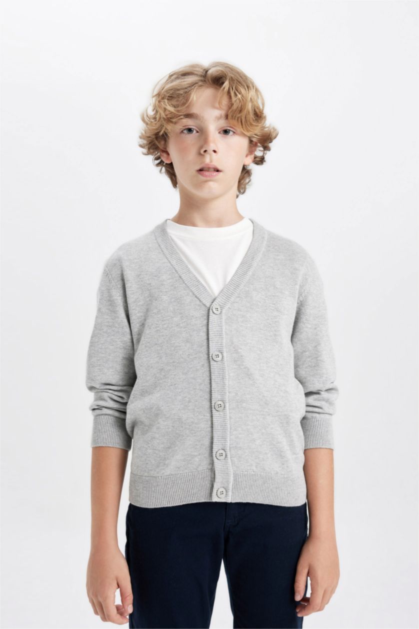 Boys & Teens Grey Melange Boy Gray V Neck Buttoned Knitted School Cardigan