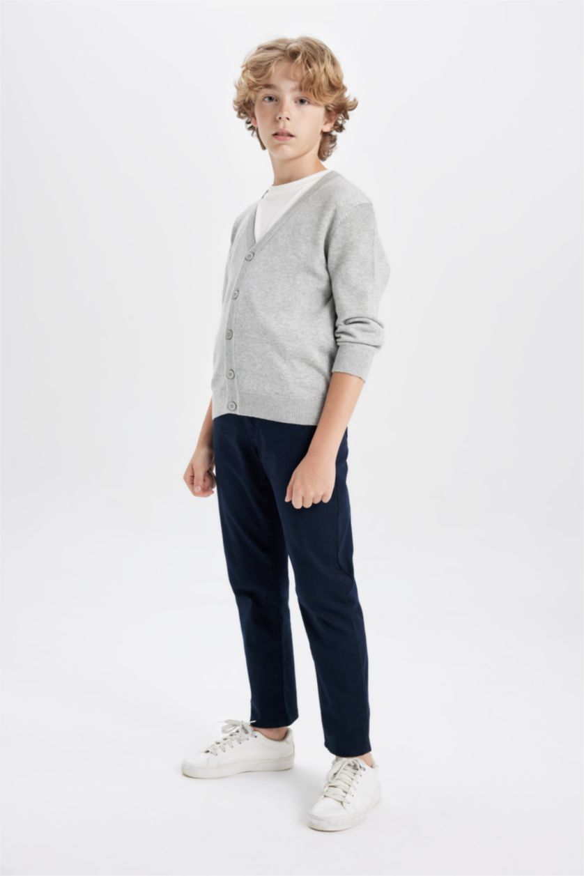 Boys & Teens Grey Melange Boy Gray V Neck Buttoned Knitted School Cardigan