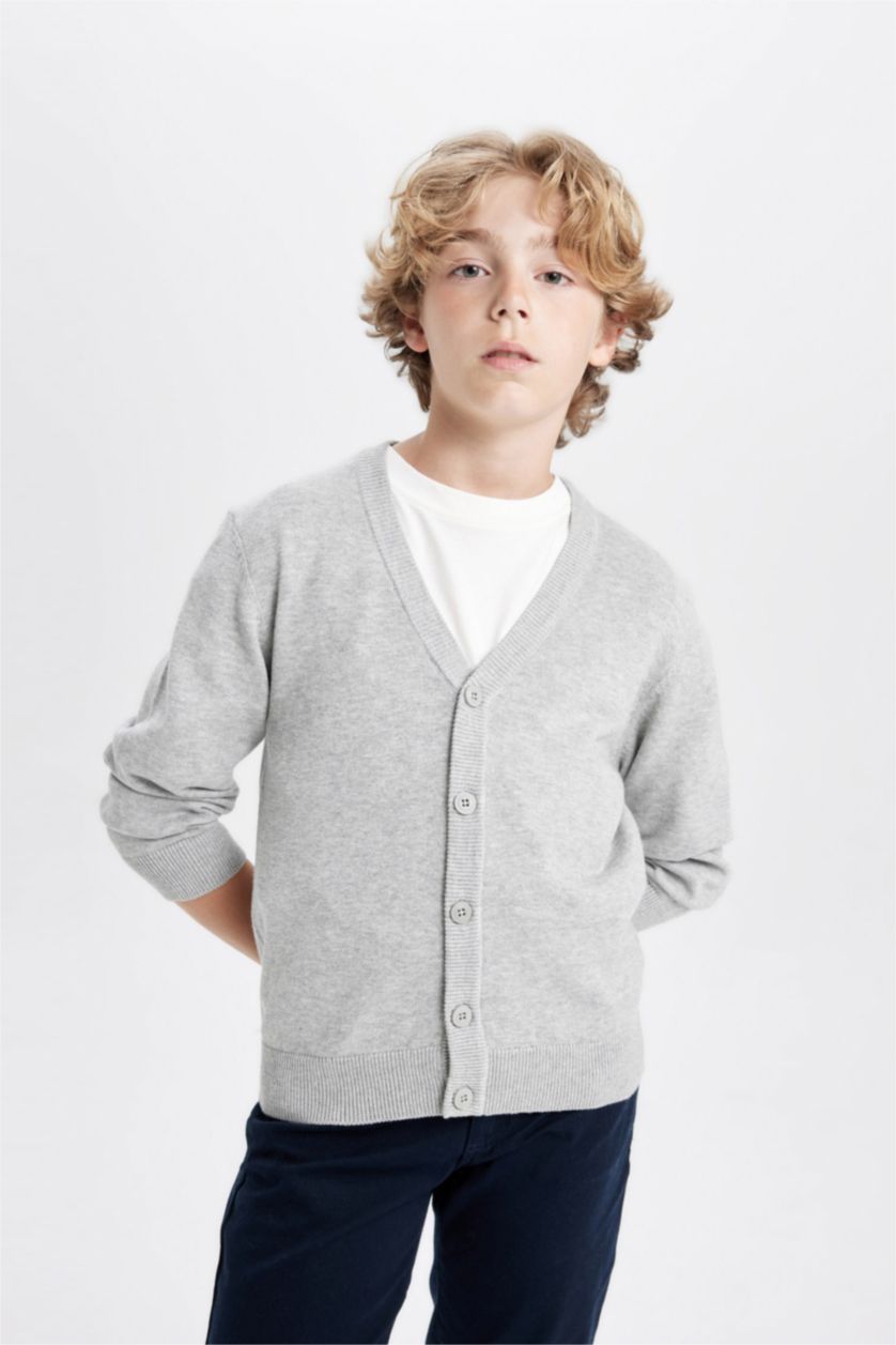Boys & Teens Grey Melange Boy Gray V Neck Buttoned Knitted School Cardigan
