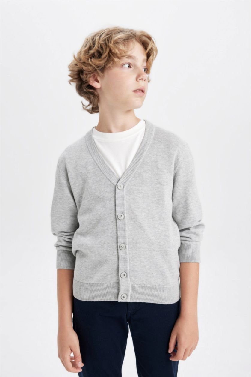 Boys & Teens Grey Melange Boy Gray V Neck Buttoned Knitted School Cardigan