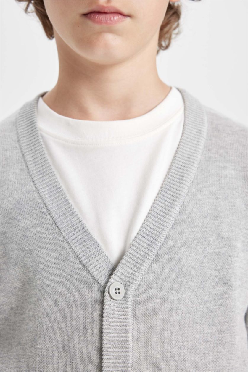 Boys & Teens Grey Melange Boy Gray V Neck Buttoned Knitted School Cardigan