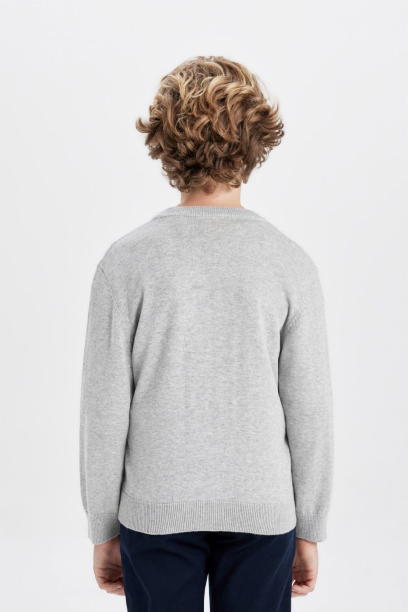 Boys & Teens Grey Melange Boy Gray V Neck Buttoned Knitted School Cardigan