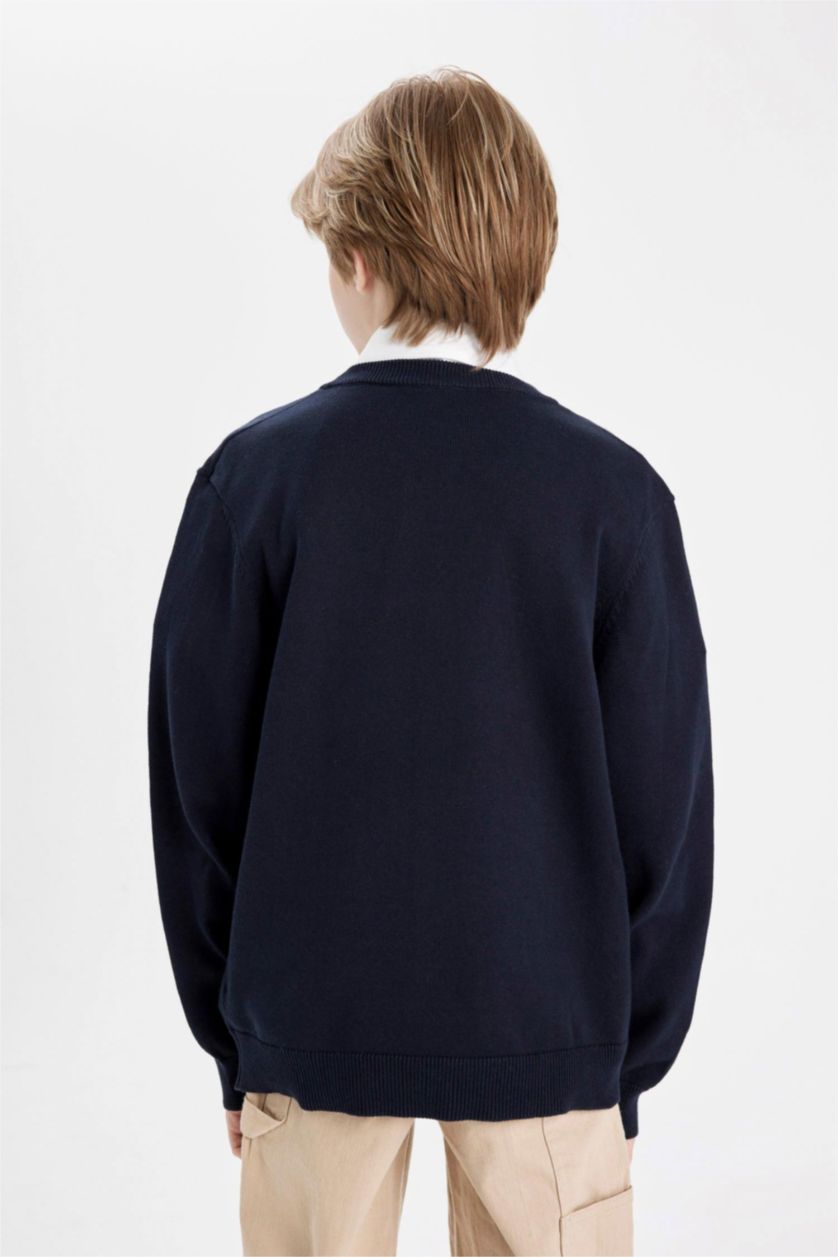 Erkek Çocuk - Genç Erkek Lacivert Erkek Çocuk Lacivert V Yaka Düğmeli Triko Okul Hırkası