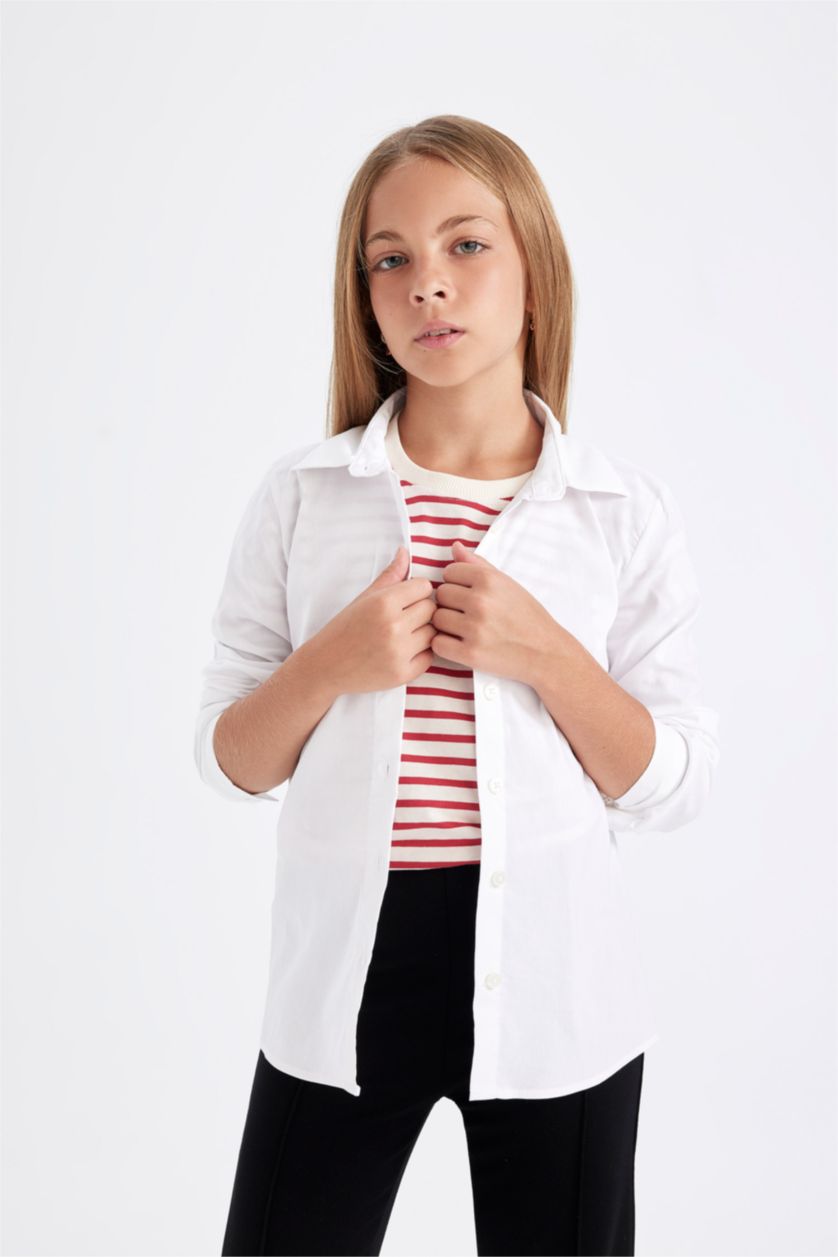 GIRLS & TEENS White قميص كم طويل سليم فيت