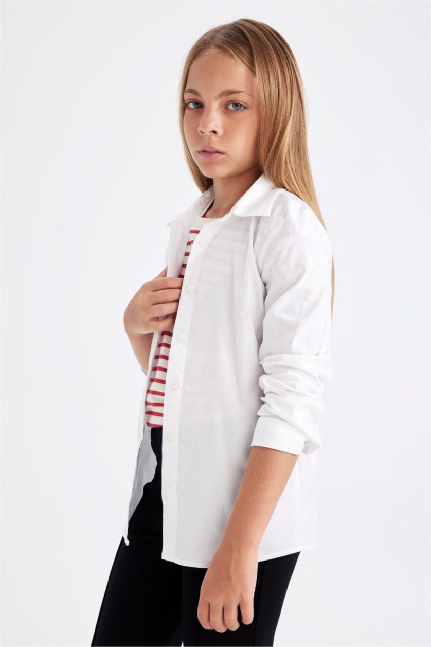 GIRLS & TEENS White قميص كم طويل سليم فيت