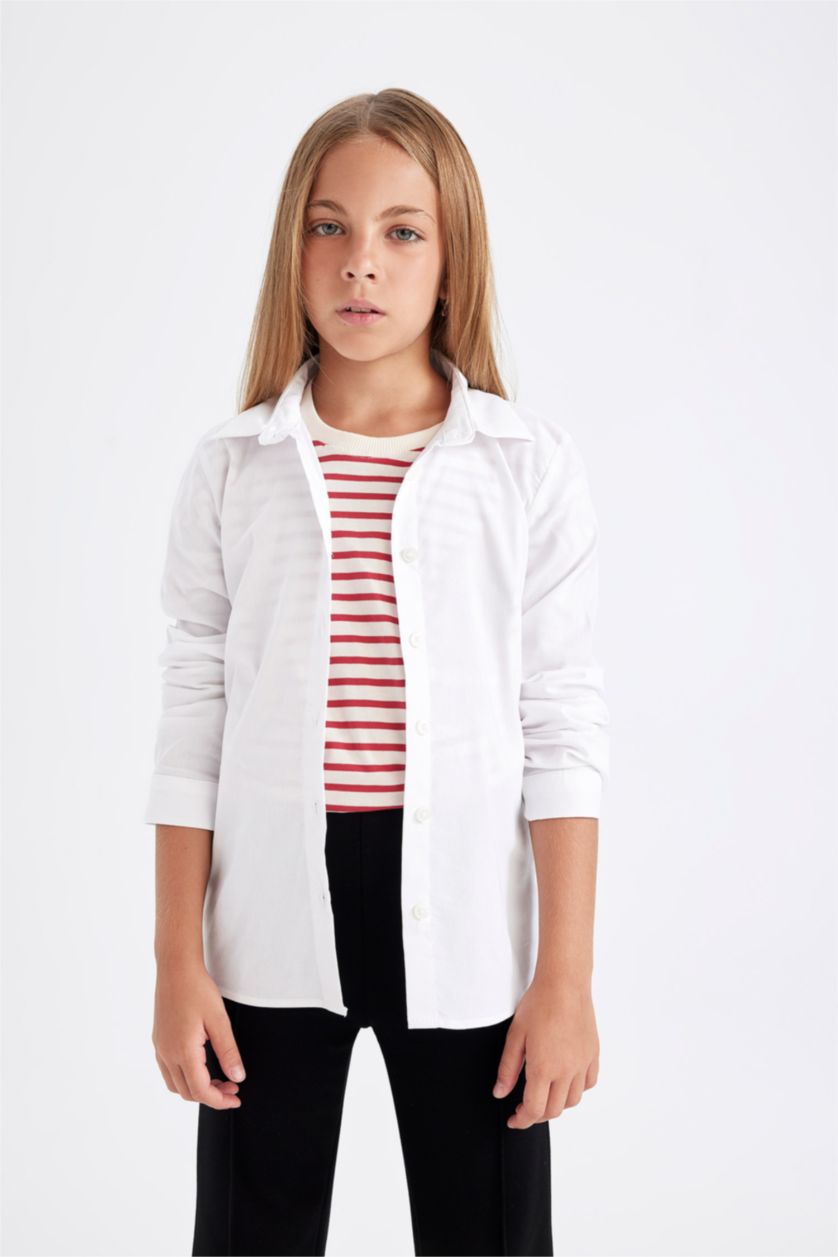 GIRLS & TEENS White قميص كم طويل سليم فيت
