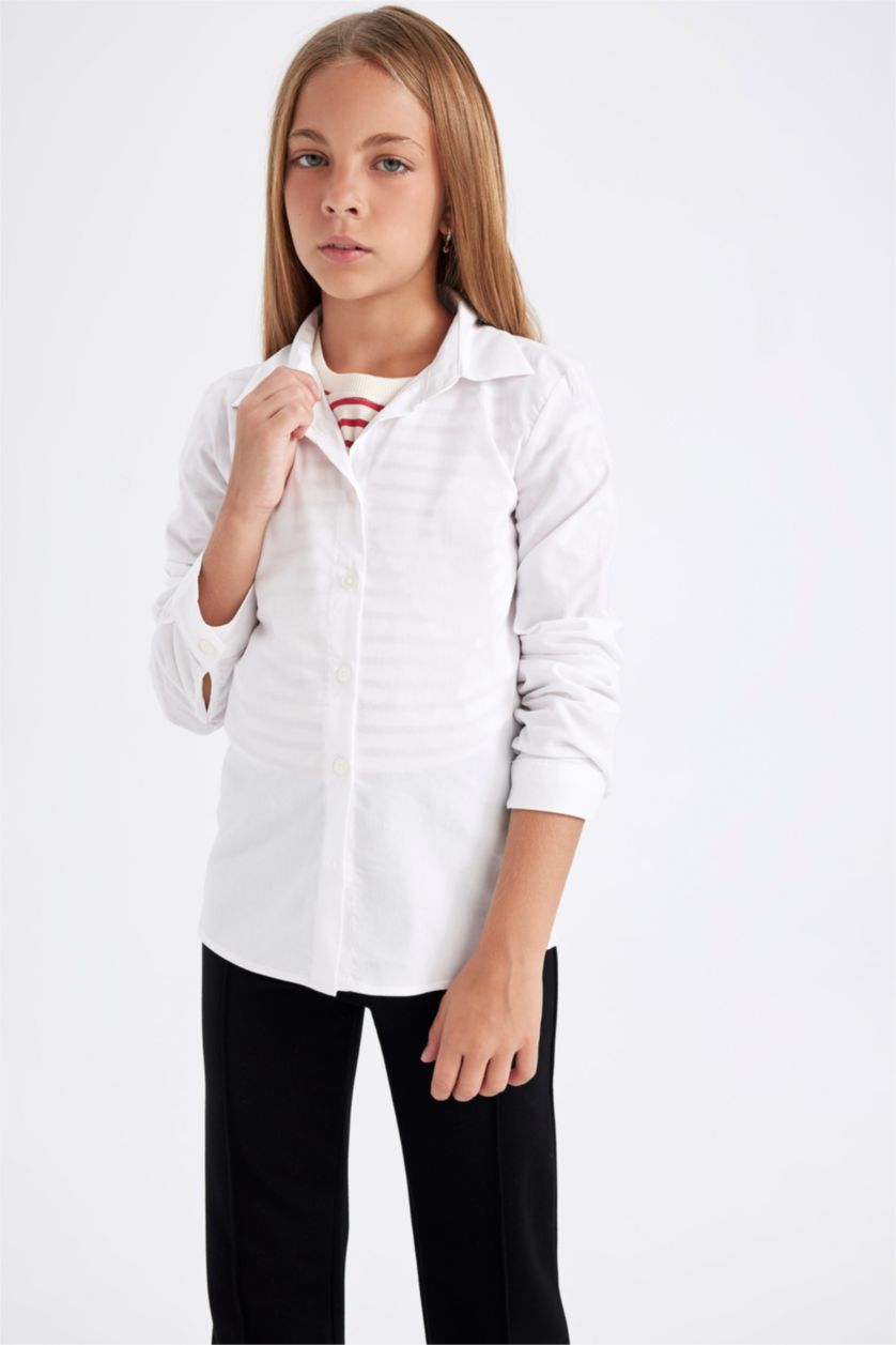 GIRLS & TEENS White قميص كم طويل سليم فيت