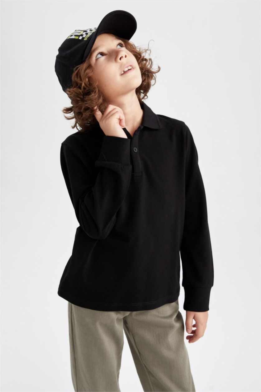 BOYS & TEENS Black Boy Black Long Sleeve Polo School T-Shirt
