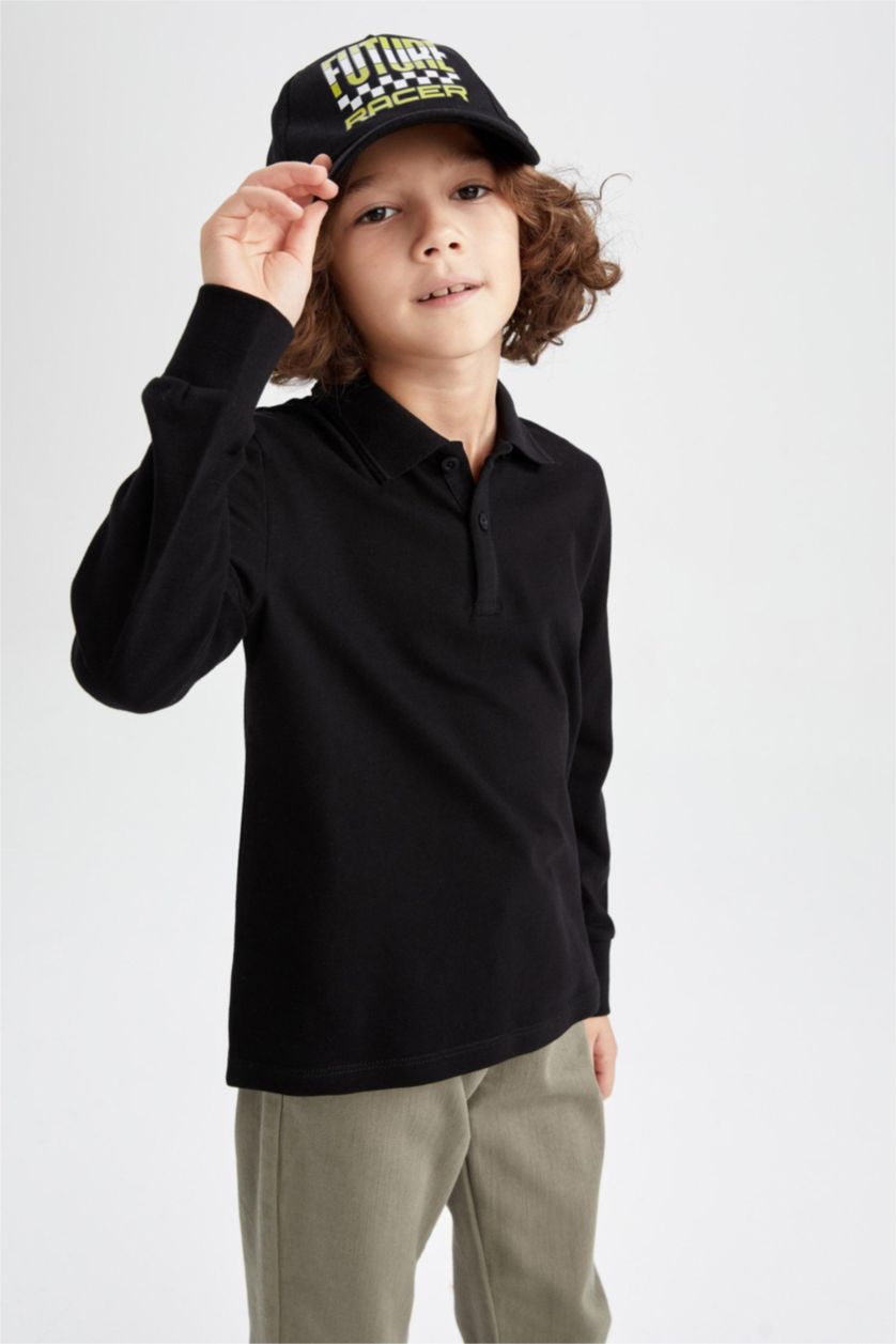 BOYS & TEENS Black Boy Black Long Sleeve Polo School T-Shirt