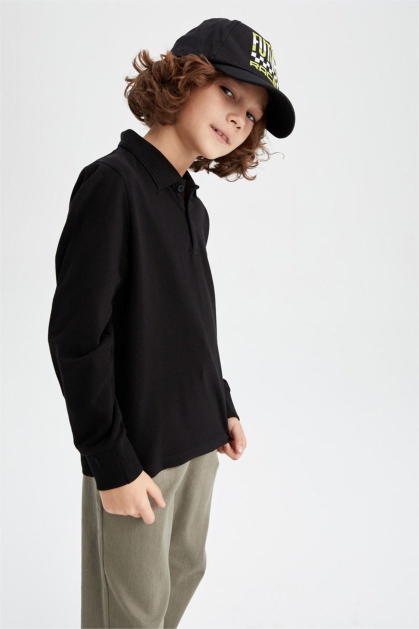 BOYS & TEENS Black Boy Black Long Sleeve Polo School T-Shirt