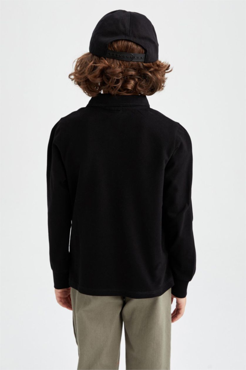 BOYS & TEENS Black Boy Black Long Sleeve Polo School T-Shirt