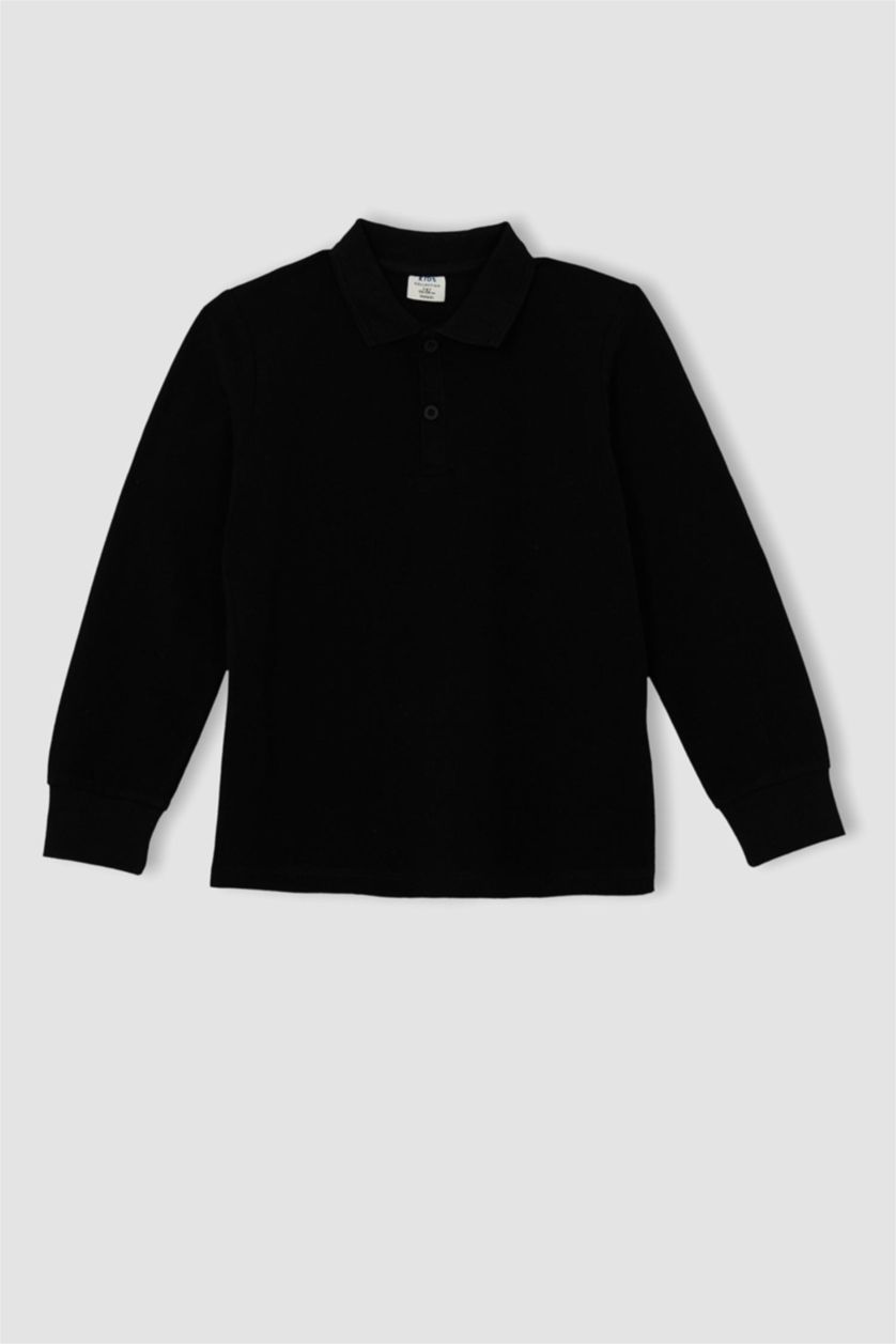 BOYS & TEENS Black Boy Black Long Sleeve Polo School T-Shirt