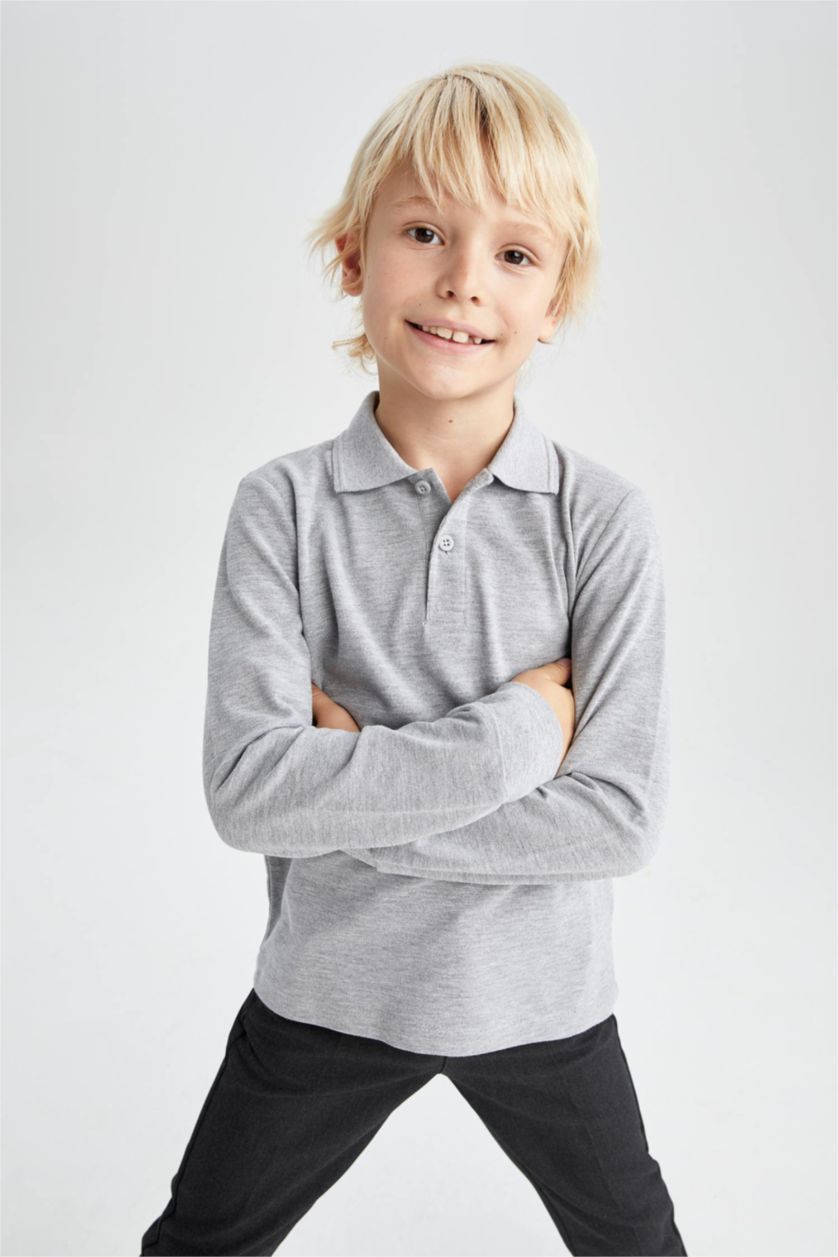 GARÇONS Gris Polo à manches longues Piquer Col Polo Garçon