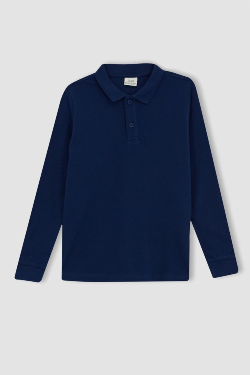 GARÇONS Marin T-Shirt À Manches Longues En Piqué À Col Polo Et Coupe Standard Pour Garçon