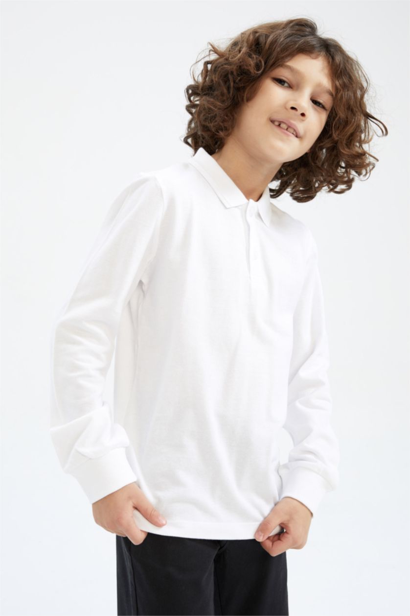 BOYS & TEENS White تيشيرت بولو كم طويل بيكة قصة عادية