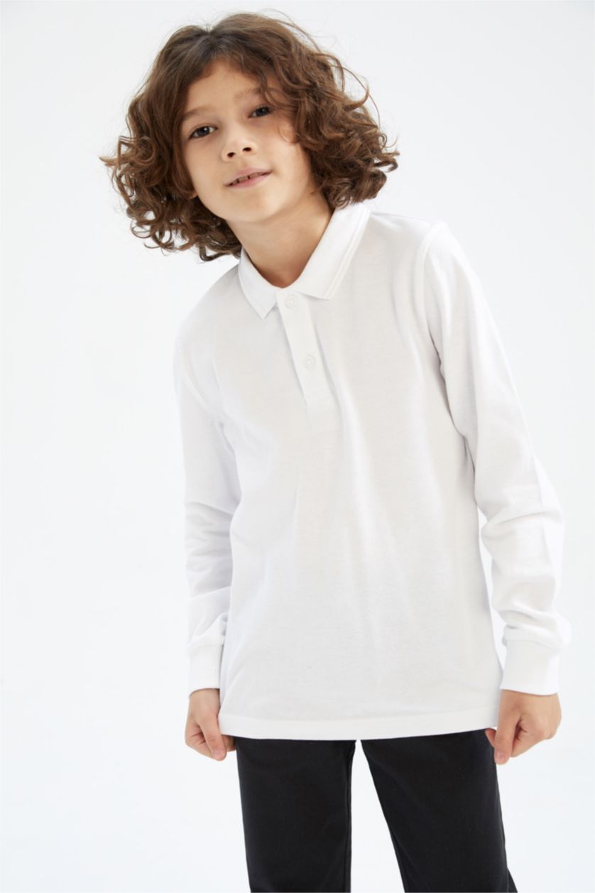 BOYS & TEENS White تيشيرت بولو كم طويل بيكة قصة عادية