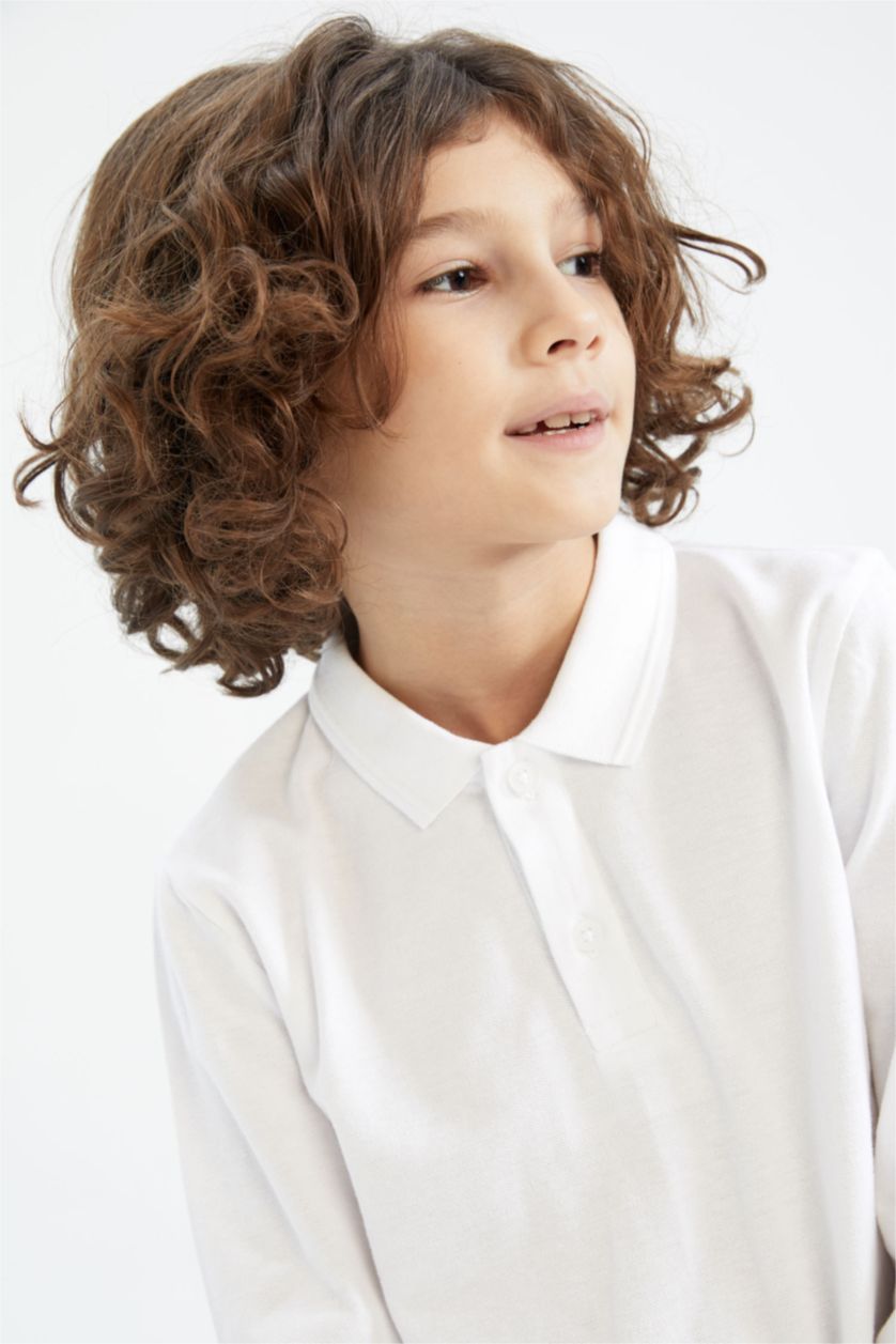 BOYS & TEENS White تيشيرت بولو كم طويل بيكة قصة عادية
