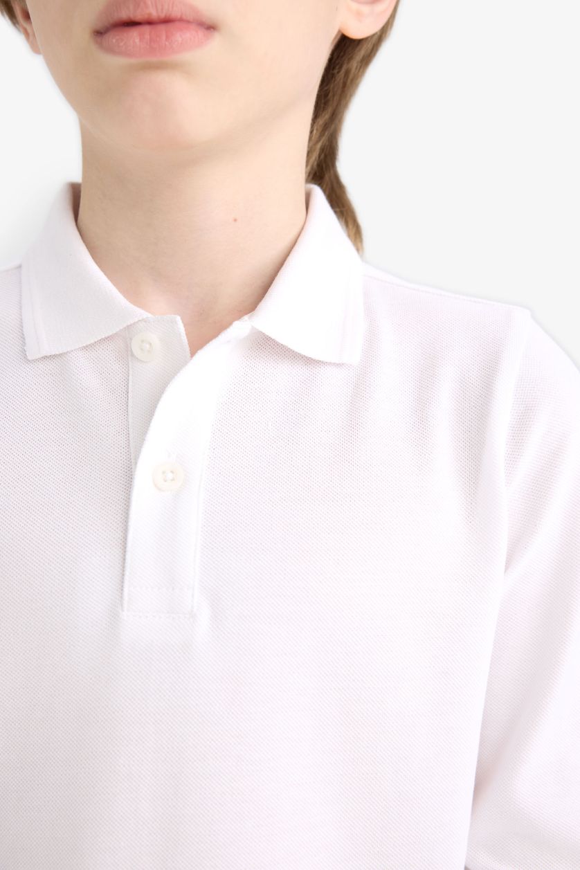 Erkek Çocuk - Genç Erkek Beyaz Polo Yaka Basic Düz Pike Uzun Kollu Beyaz Okul Tişörtü Erkek Çocuk