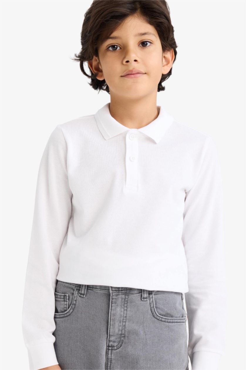 أولاد أبيض تيشيرت بولو أولاد بكم طويل بقصة عادية