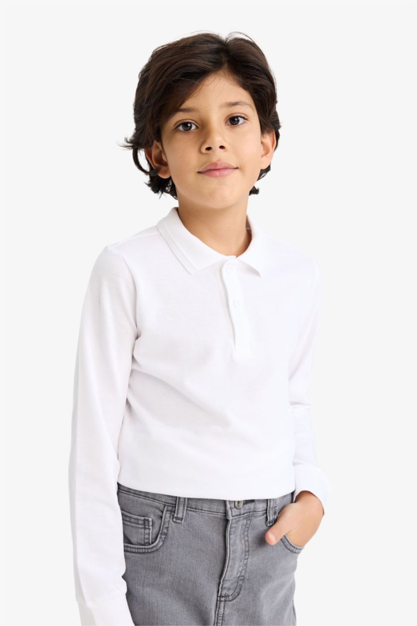 أولاد أبيض تيشيرت بولو أولاد بكم طويل بقصة عادية