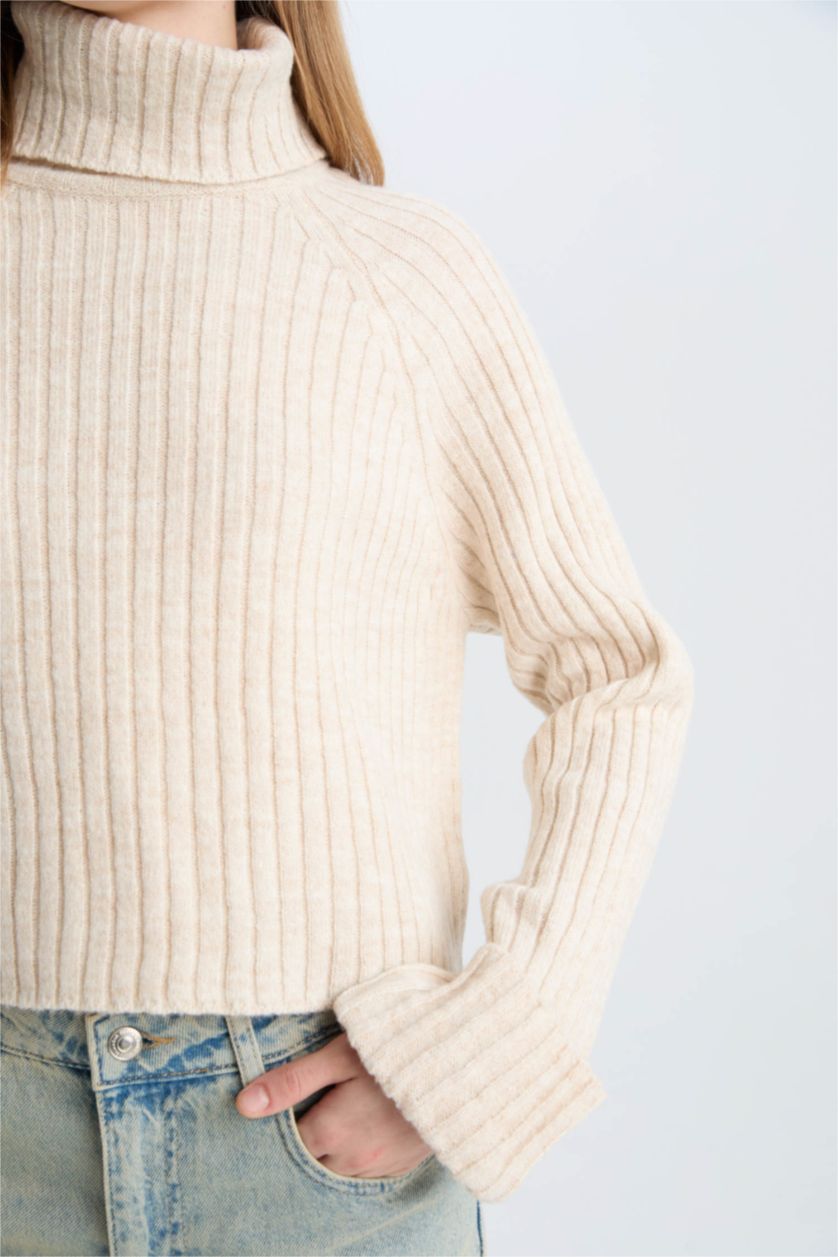 نساء بيج فاتح بلوفر تريكو واسع  برقبة عالية