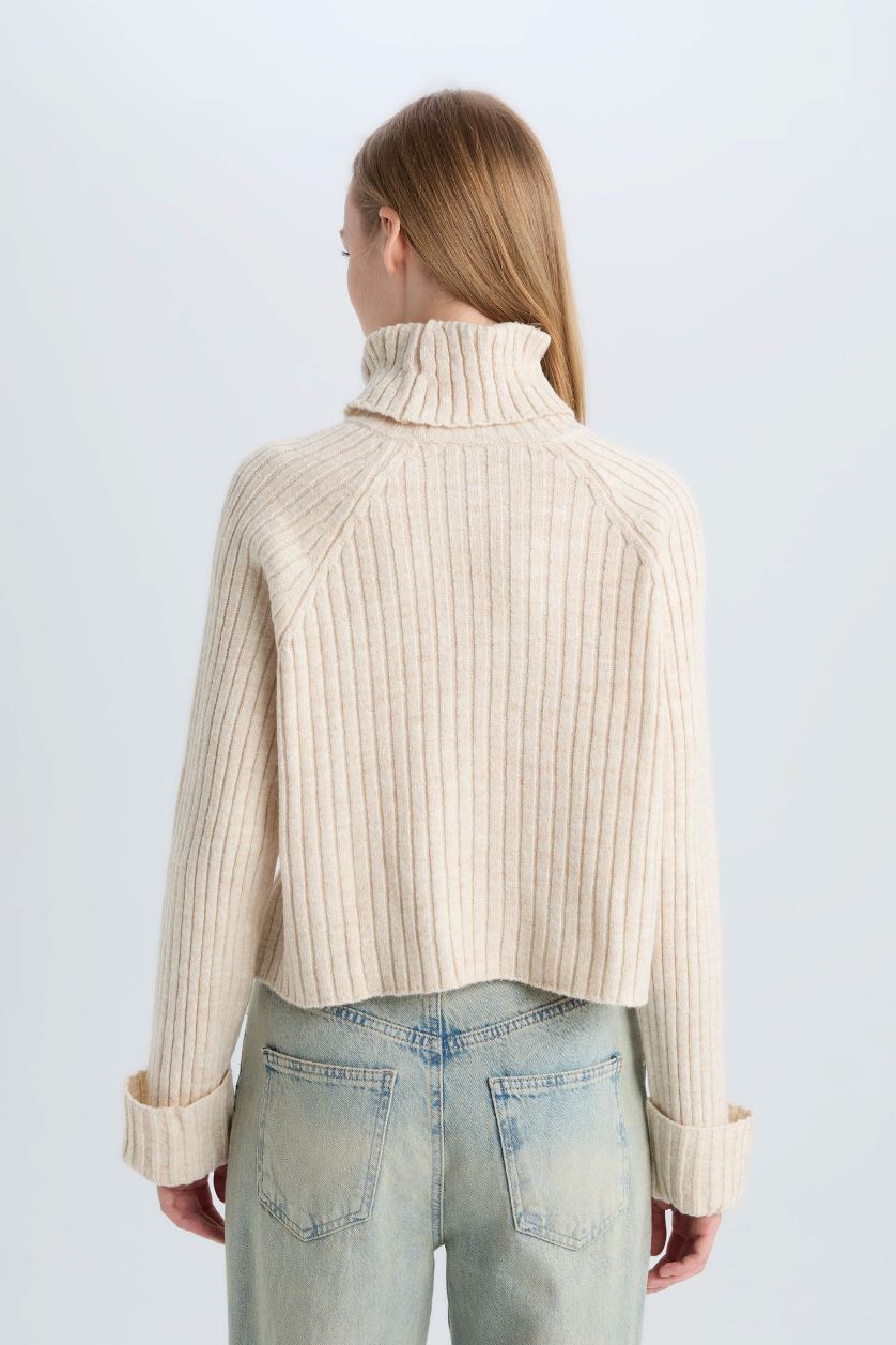 نساء بيج فاتح بلوفر تريكو واسع  برقبة عالية