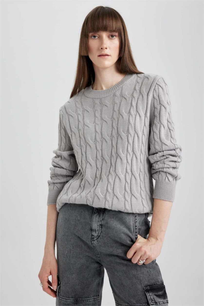 Kadın Gri Relax Fıt Bisiklet Yaka Kazak