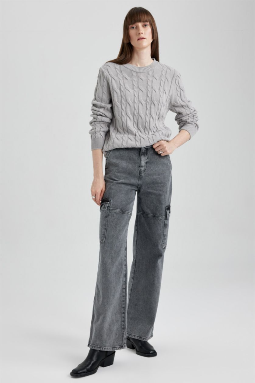 Kadın Gri Relax Fıt Bisiklet Yaka Kazak