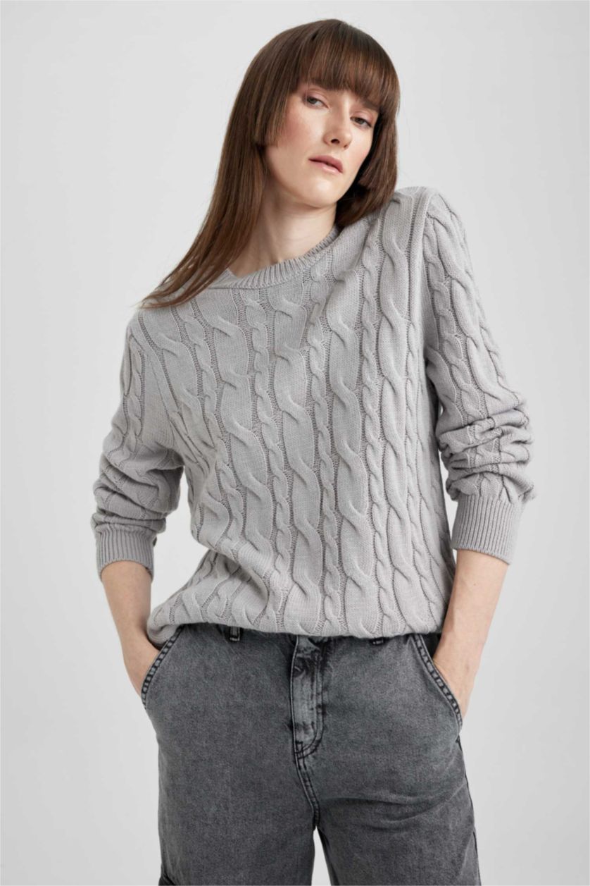 Kadın Gri Relax Fıt Bisiklet Yaka Kazak