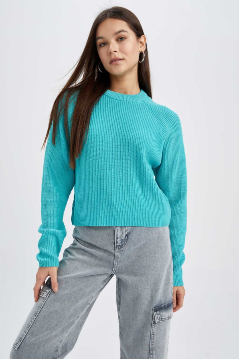 WOMAN Turquoise Regular Fit Crew Neck Knitwear Pullover