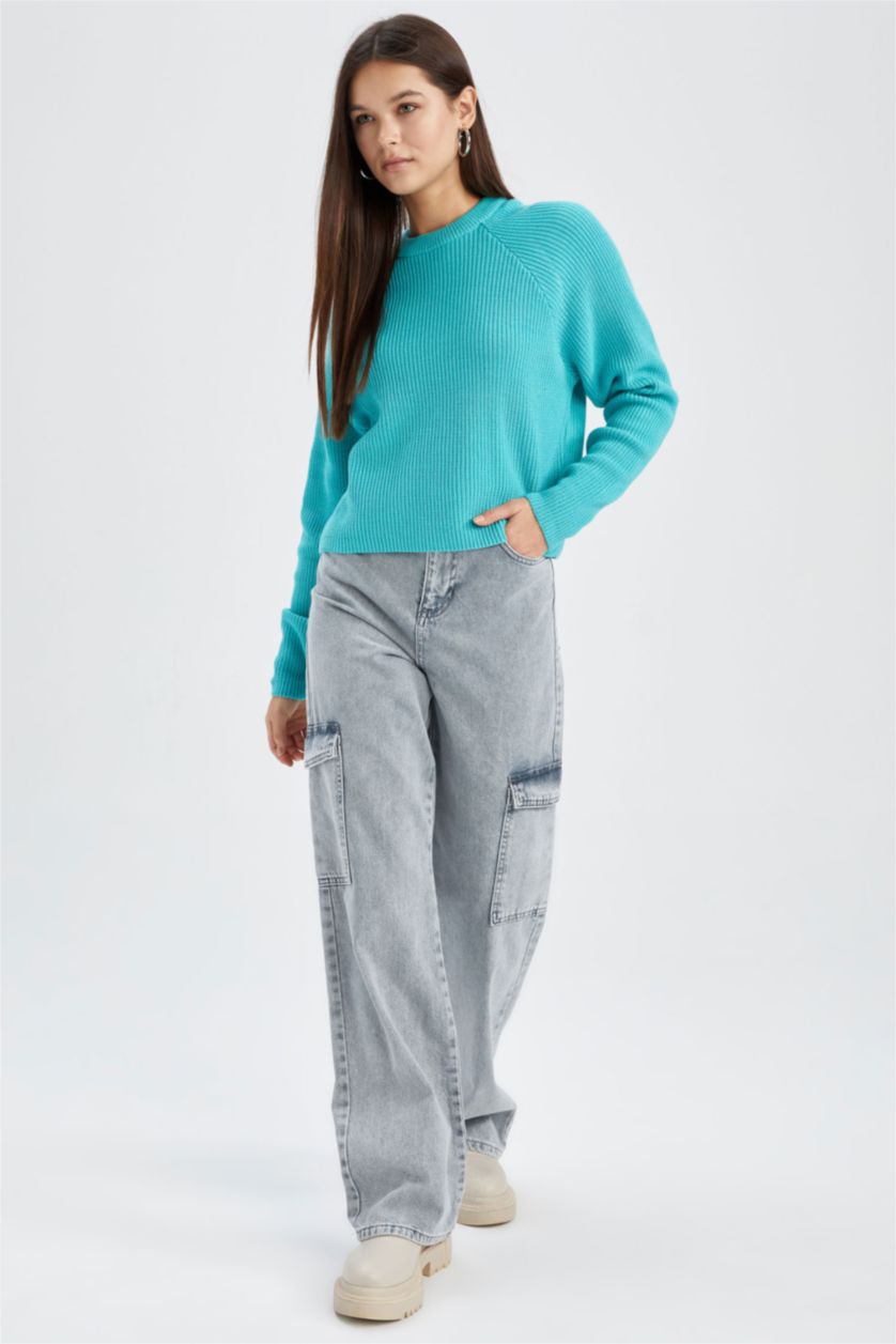 WOMAN Turquoise Regular Fit Crew Neck Knitwear Pullover