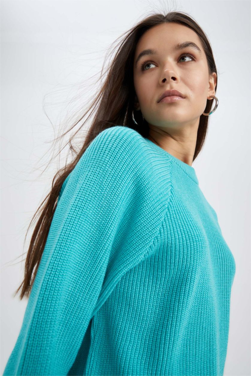 WOMAN Turquoise Regular Fit Crew Neck Knitwear Pullover