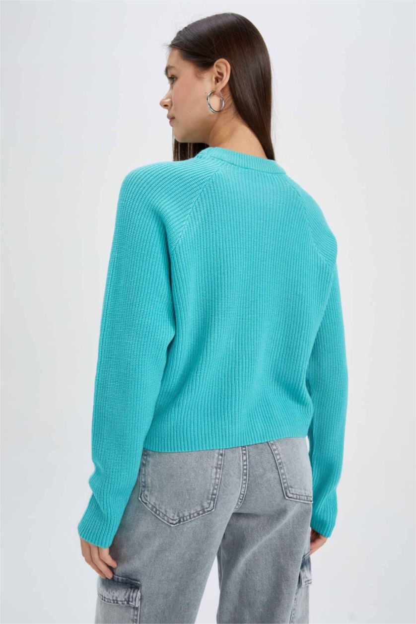 WOMAN Turquoise Regular Fit Crew Neck Knitwear Pullover