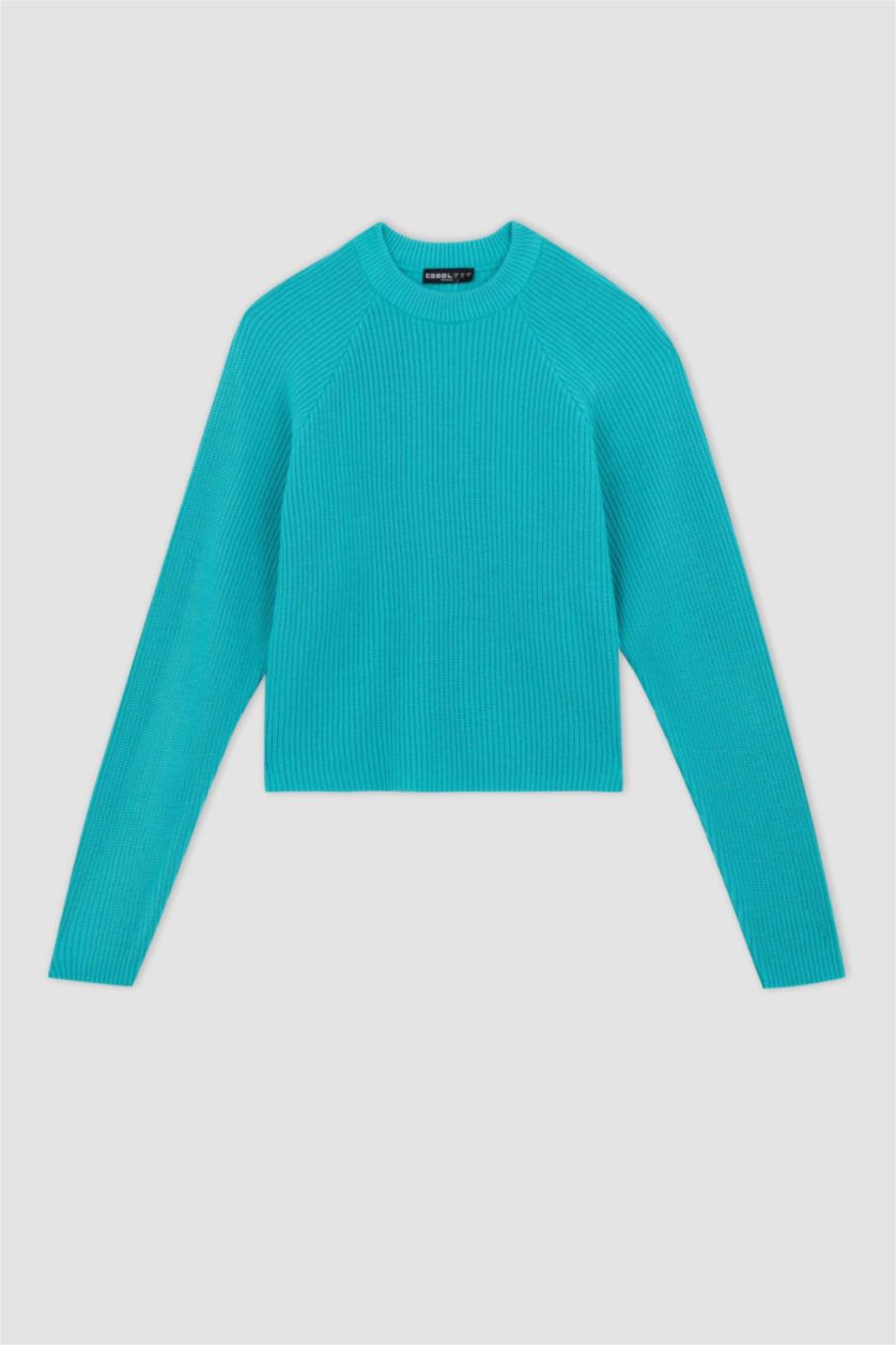 WOMAN Turquoise Regular Fit Crew Neck Knitwear Pullover