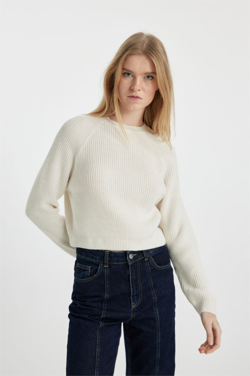 FEMME Écru Pull Tricot Col rond