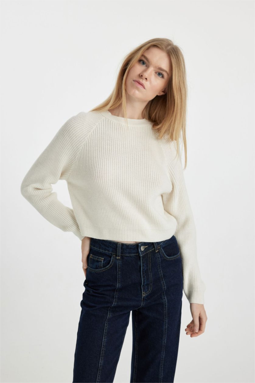 FEMME Écru Pull Tricot Col rond