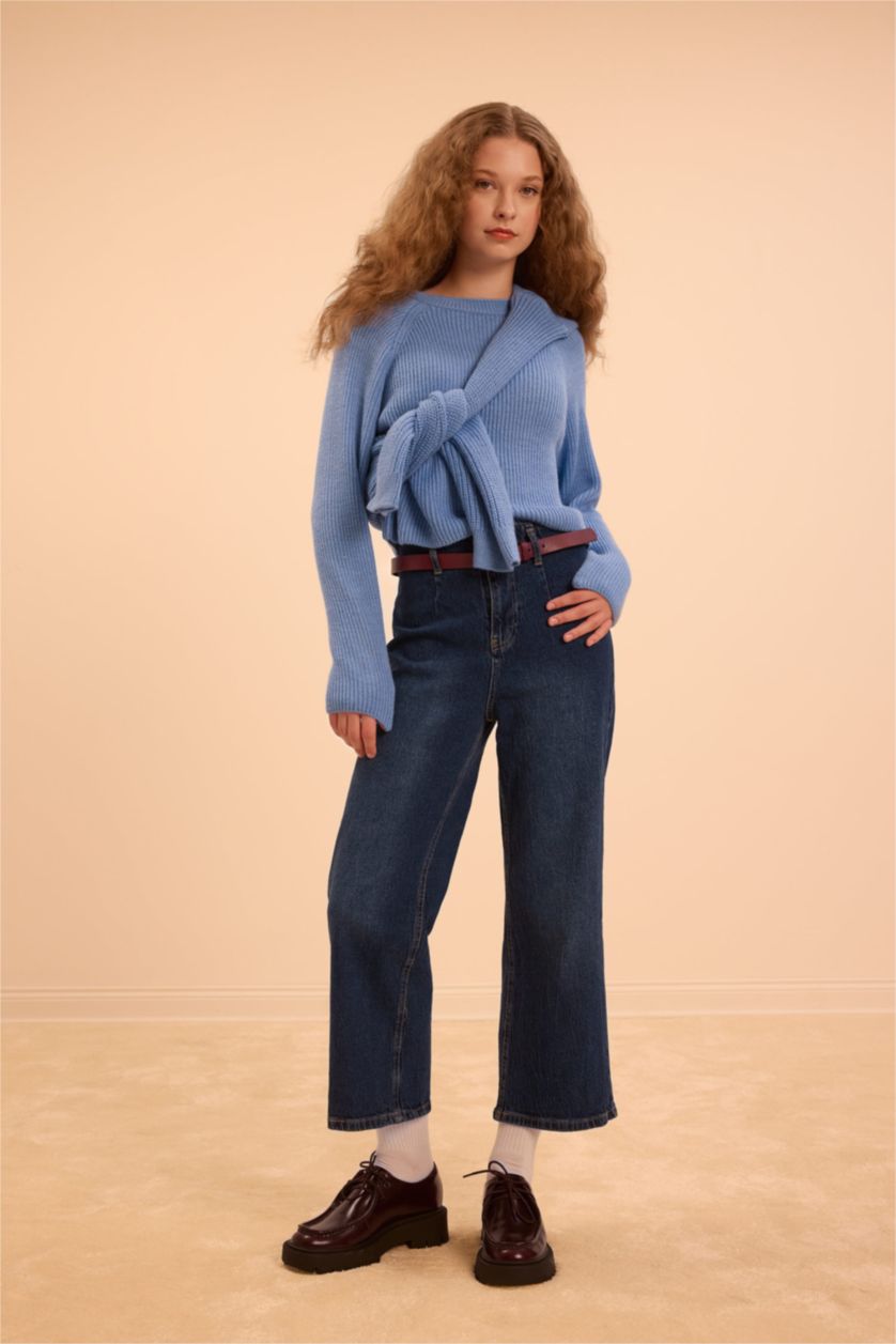 Kadın Mavi Regular Fit Bisiklet Yaka Basic Düz Triko Kazak