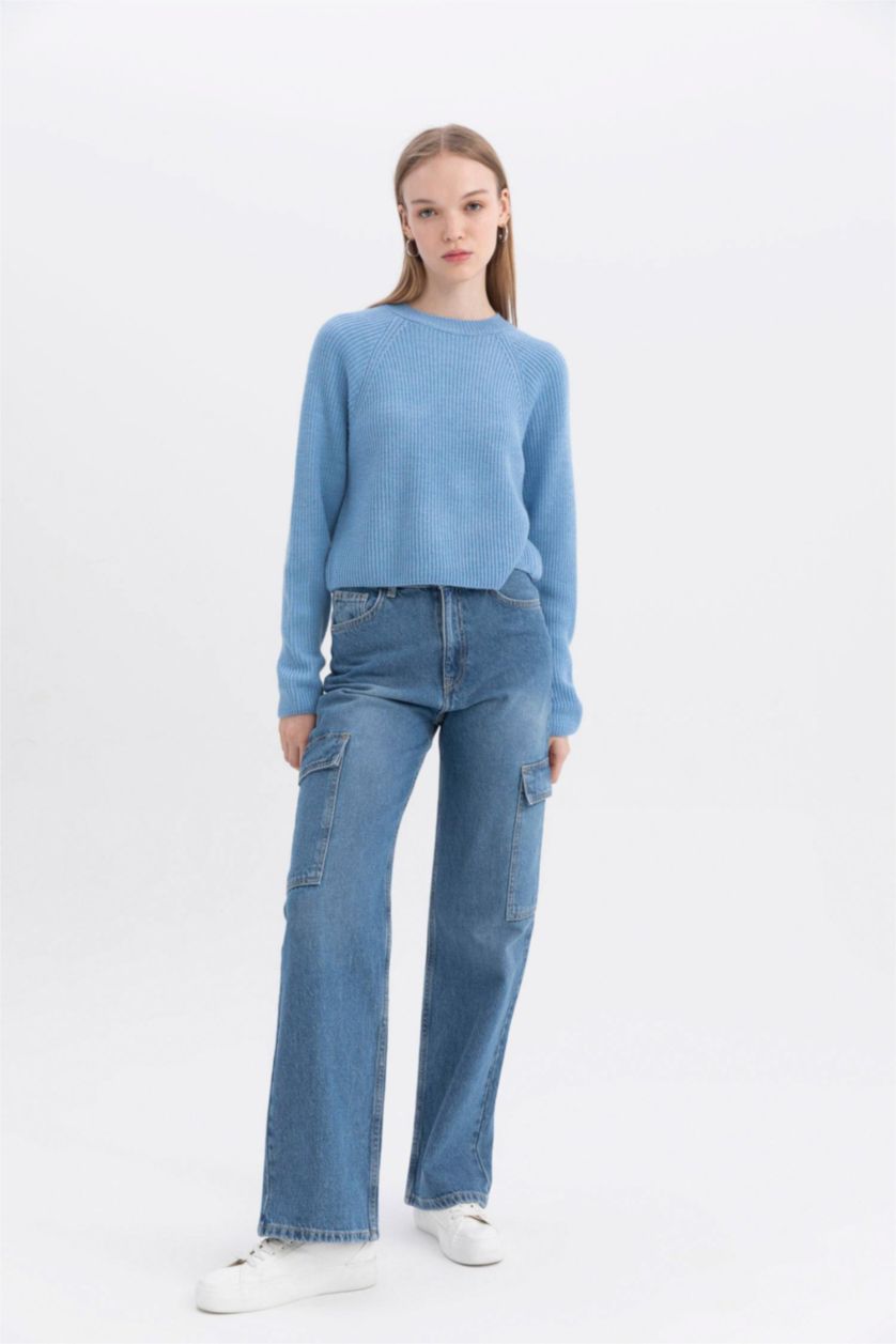 Kadın Mavi Regular Fit Bisiklet Yaka Basic Düz Triko Kazak