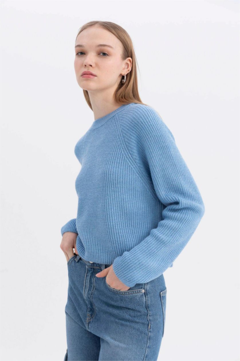 Kadın Mavi Regular Fit Bisiklet Yaka Basic Düz Triko Kazak