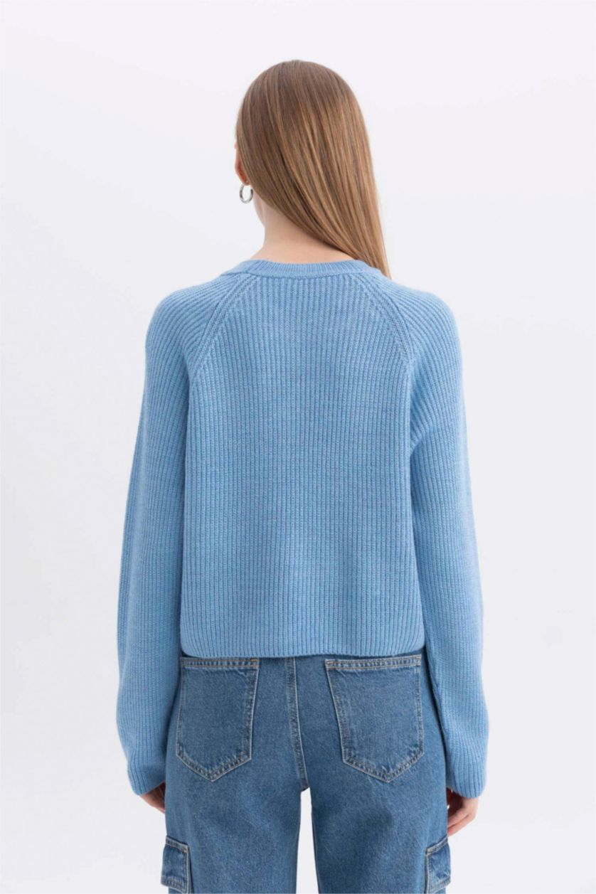 Kadın Mavi Regular Fit Bisiklet Yaka Basic Düz Triko Kazak