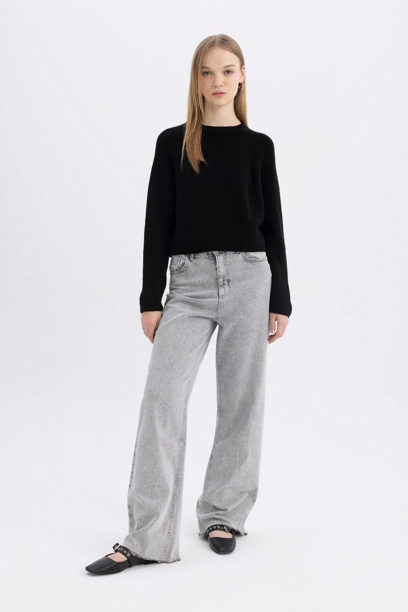 Kadın Siyah Regular Fit Bisiklet Yaka Basic Düz Triko Kazak