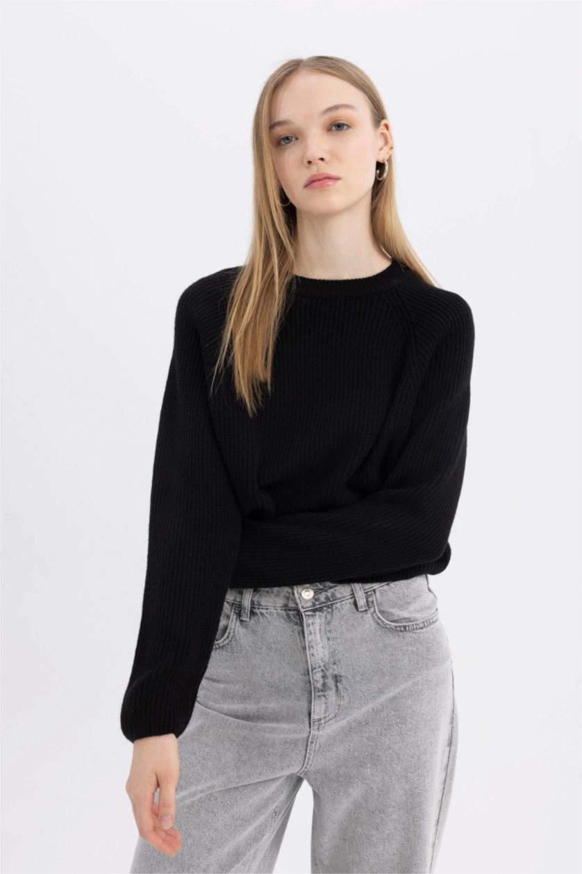 Kadın Siyah Regular Fit Bisiklet Yaka Basic Düz Triko Kazak