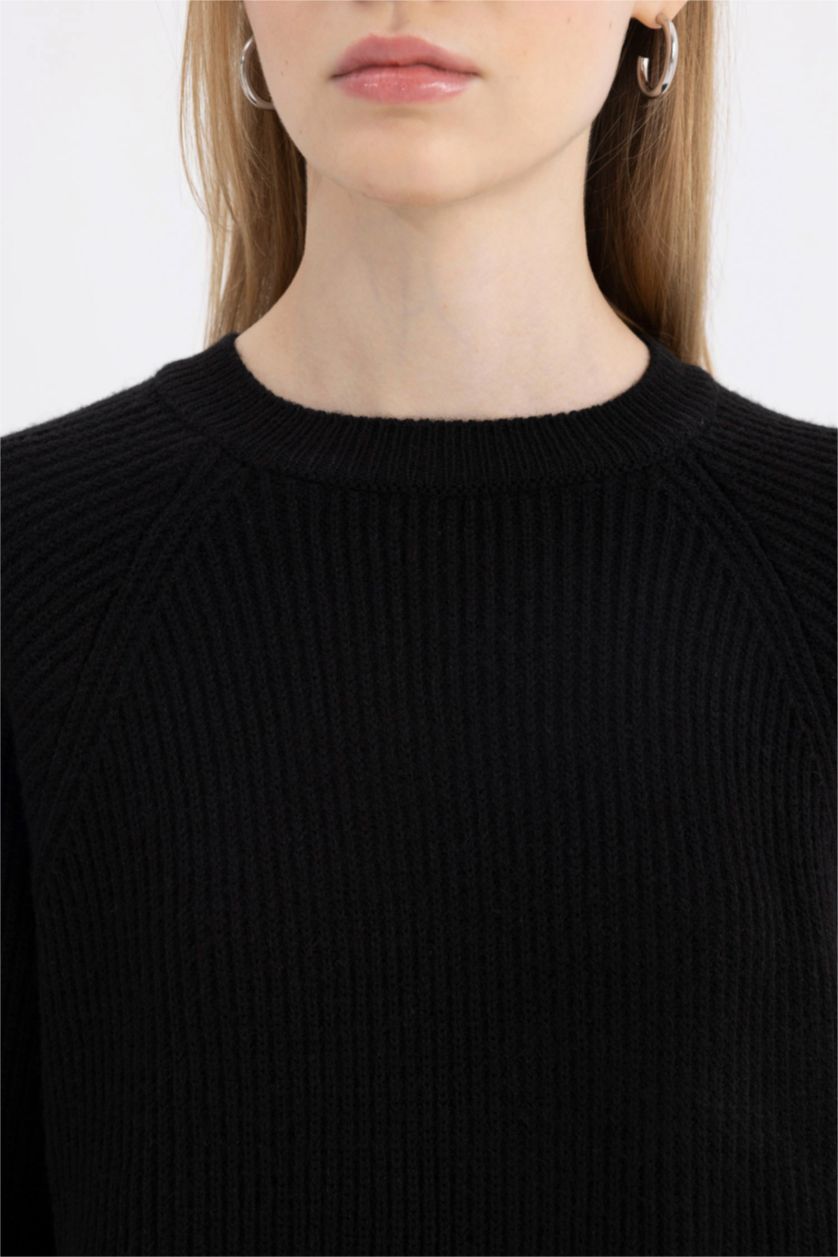 Kadın Siyah Regular Fit Bisiklet Yaka Basic Düz Triko Kazak