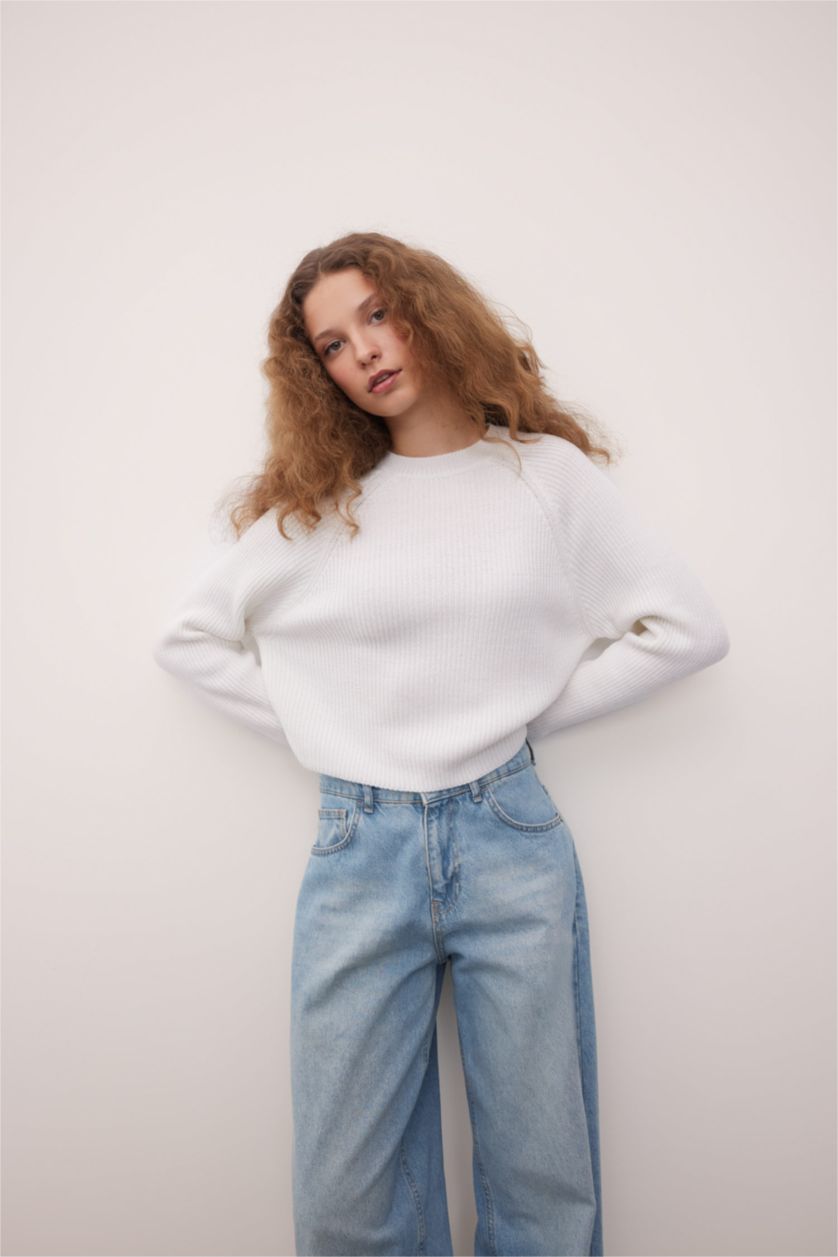 Kadın Ekru Regular Fit Bisiklet Yaka Basic Düz Triko Kazak