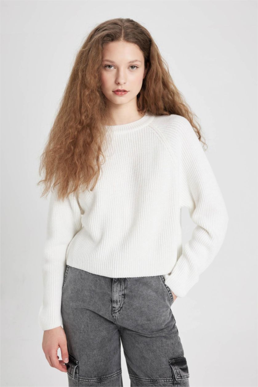Kadın Ekru Regular Fit Bisiklet Yaka Basic Düz Triko Kazak