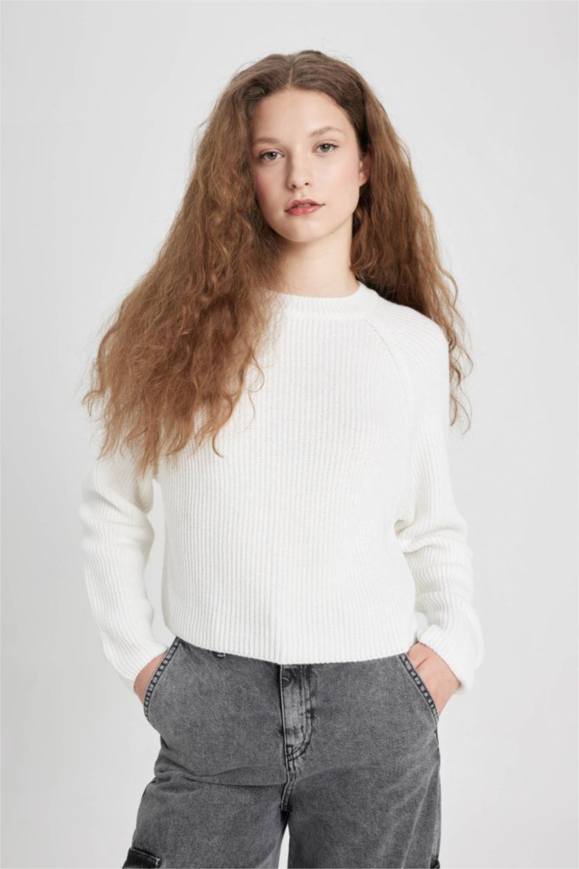 Kadın Ekru Regular Fit Bisiklet Yaka Basic Düz Triko Kazak